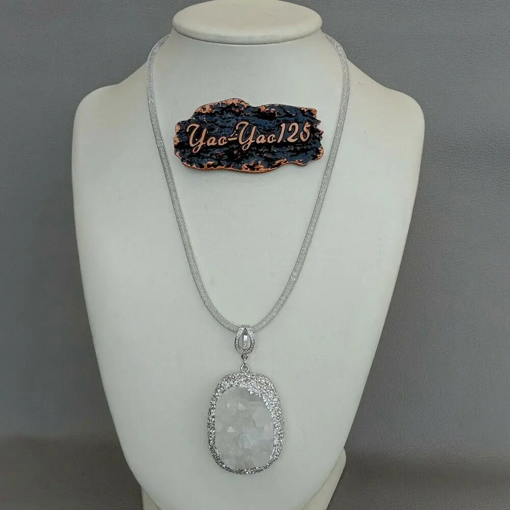 

18'' White Golden Plated Net Collar Necklace 32x41MM White Druzy Pendant