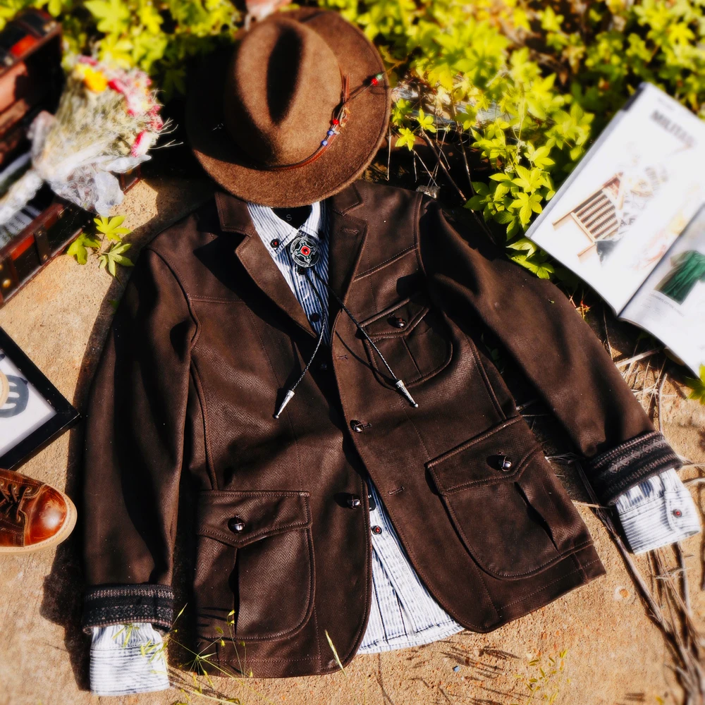 

Special Herringbone Craft Pattern Double Layer Sheepskin Safari Jacket Norfolk Suit Jacket Men's Khaki RL Style
