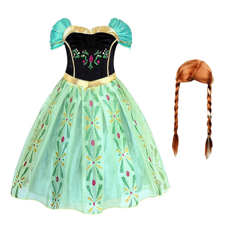 Dress and W01 Платье принцессы Анны для девочек; Детский карнавальный костюм; парик с короной; Снежная королева; детское платье для костюмированной вечеринки на день рождения и Рождество - Цвет: Dress and W01