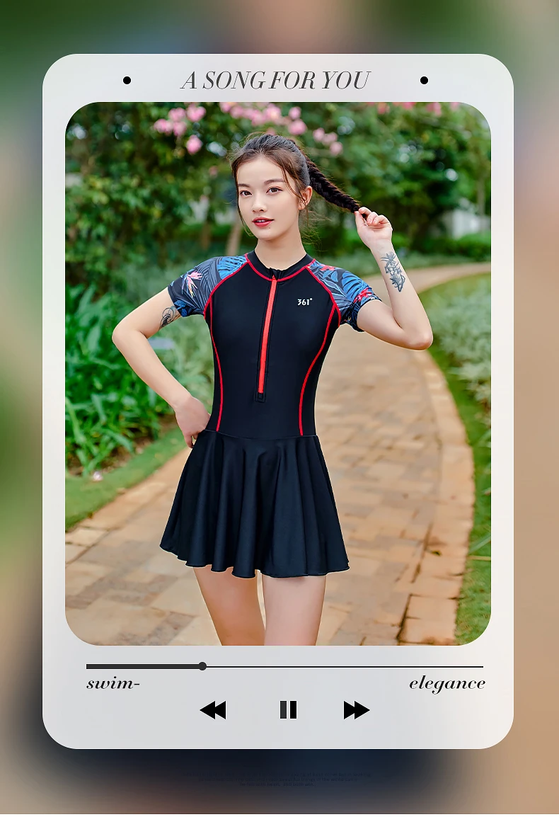 361 Swimsuit Female Summer 2021 One Piece Swim Skirt Short Sleeve Women Swimwear Swim Dress Zipper Stripe Rash Guard
