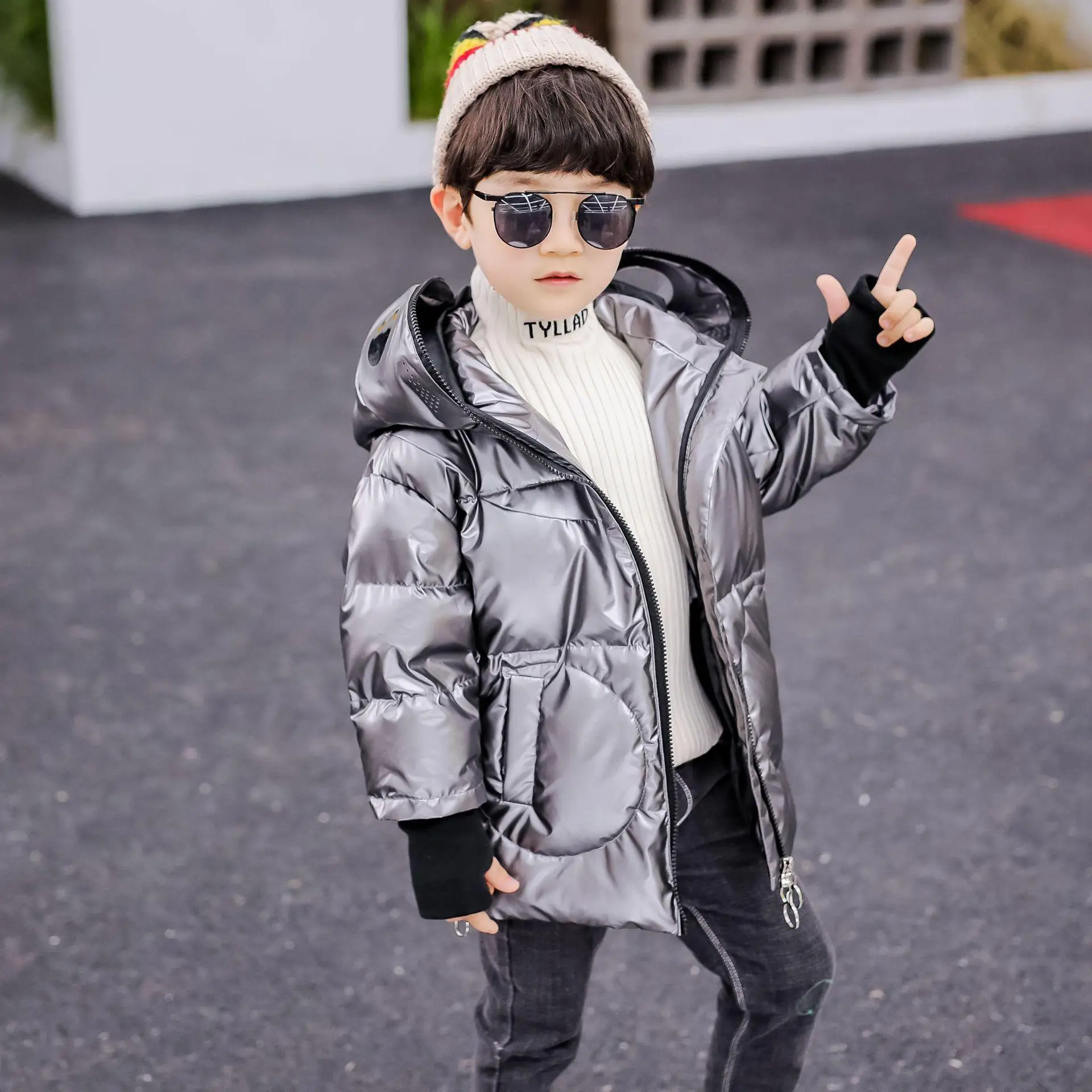 HH/зимняя куртка для мальчиков; куртка с капюшоном и рисунком; хлопковое пуховое пальто для маленьких девочек; парка; Серебряная верхняя одежда для детей 4-10 лет - Цвет: grey