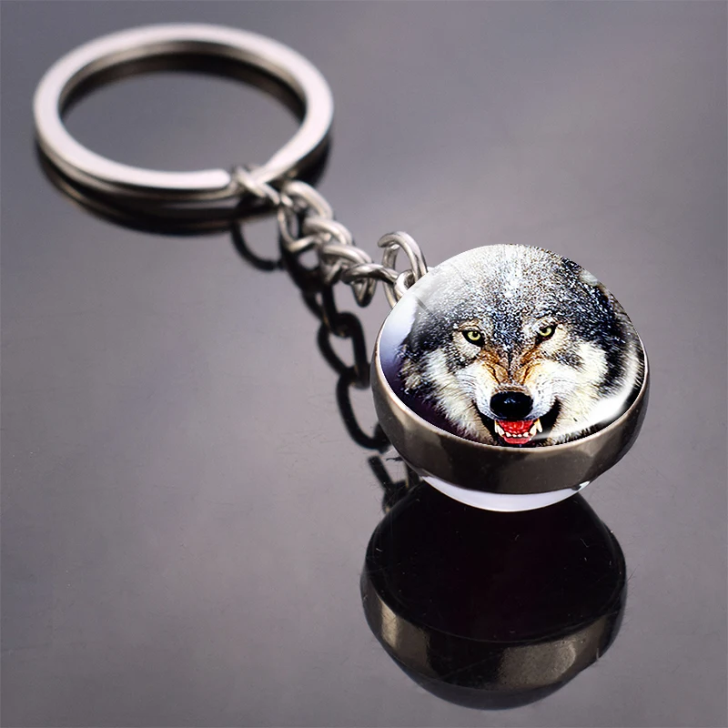 Glow in Dark Jewelry Howling Wolf Keychain Wolf Luminous Glass Cabochon Pendant Keyring Double Side Glass Ball Keychain