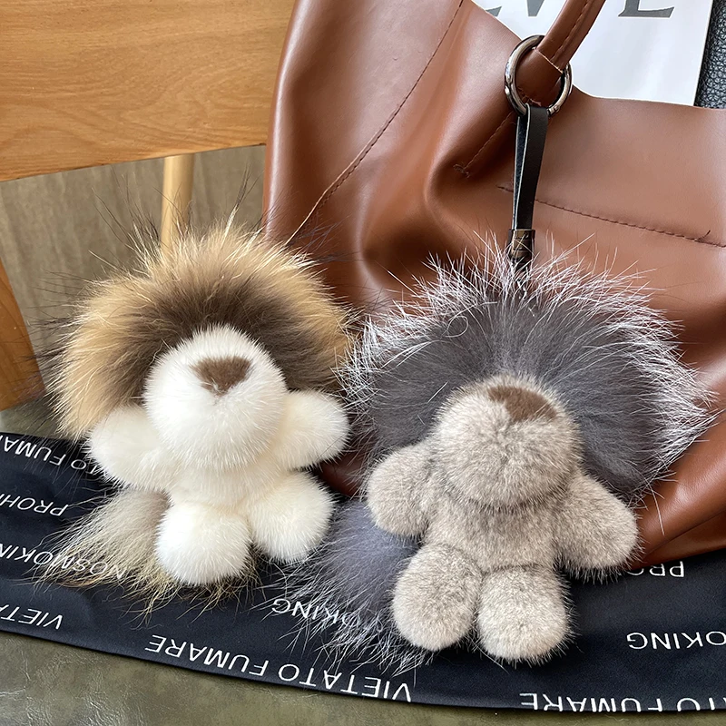Cute Lion Animal Keychain Real Mink Fur with Genuine Fox Fur Bag Charm  Pendant Purse Accessories Car Key Ring Handbag Hanging - AliExpress