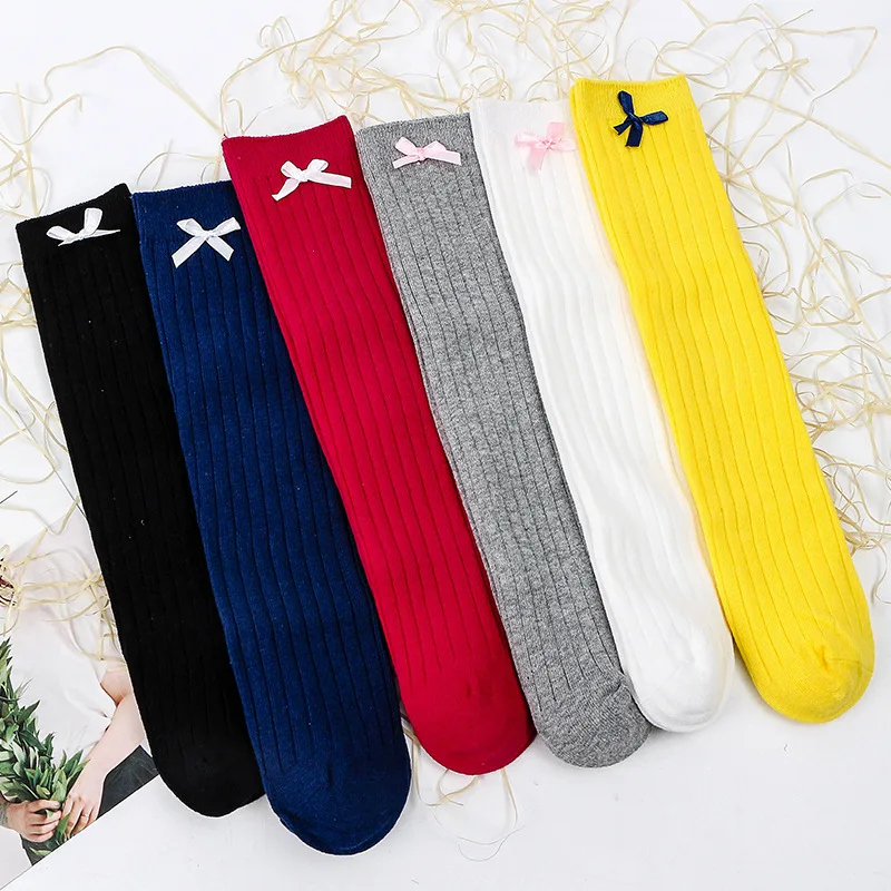 

1 Pair Baby Girl Socks 0-3T Toddler Infant Soft Girls Long Socks Solid Color Cotton Over Knee Bow Socks 6 Colors Spring Autumn