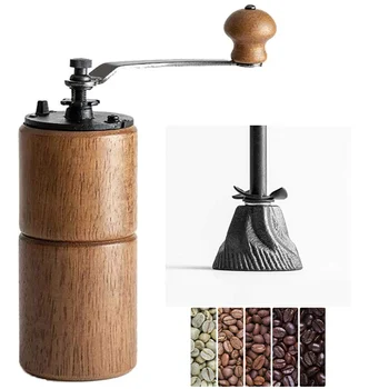 

Manual Coffee Bean Grinder Wooden Mill with Cast Iron Burr, Large Capacity Hand Crank, Portable Travel Camping Adjustable