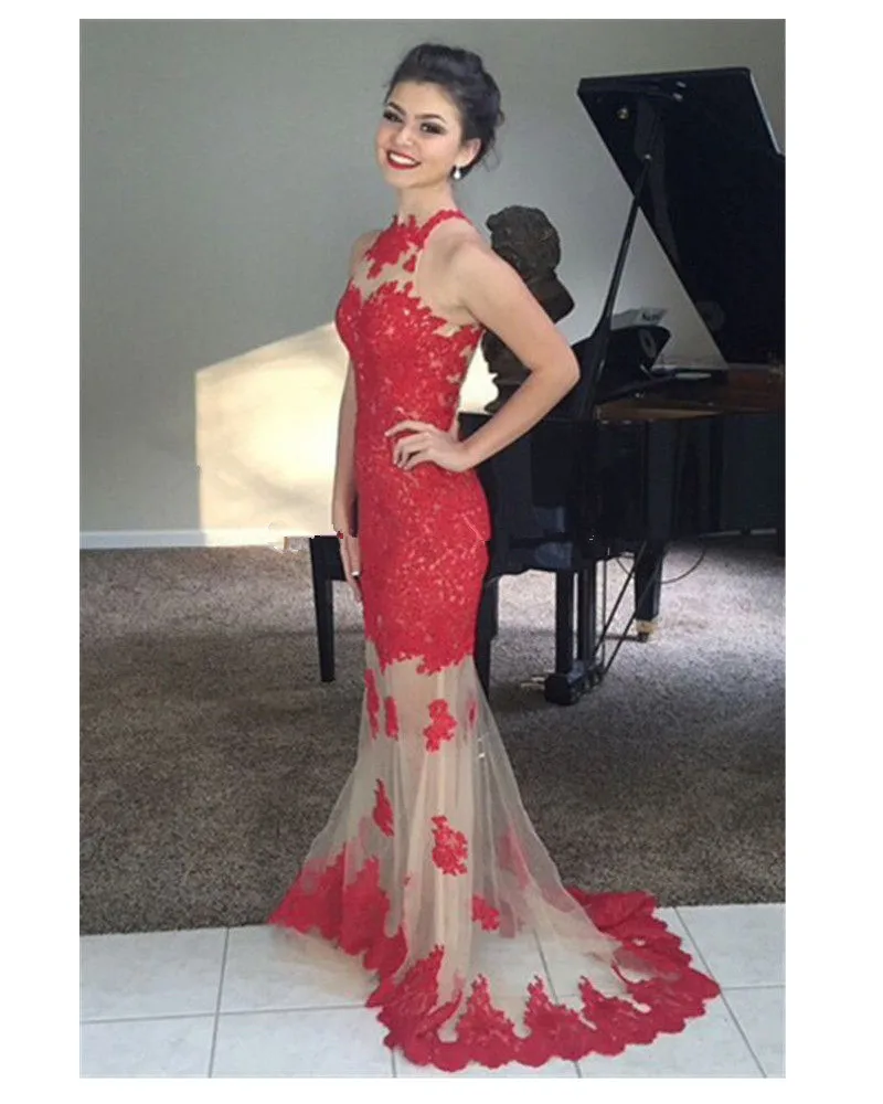 

High Neck Red Mermaid 2018 See Through Lace Appliques Long Sleeveless robe de soiree party prom gown bridesmaid dresses