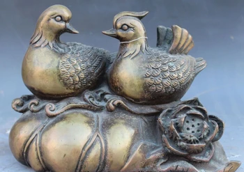 

zhaorui6622++10" Old Chinese Bronze Carving Fengshui Lotus Bird Mandarin Duck Lovers Statue