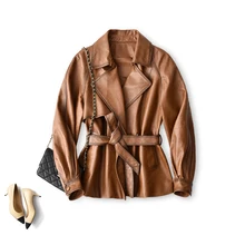 

SHUCHAN Real Sheepskin Jacket Women Sheepskin Covered Button Adjustable Waist High Quality Leather Jacket Spring/Autumn