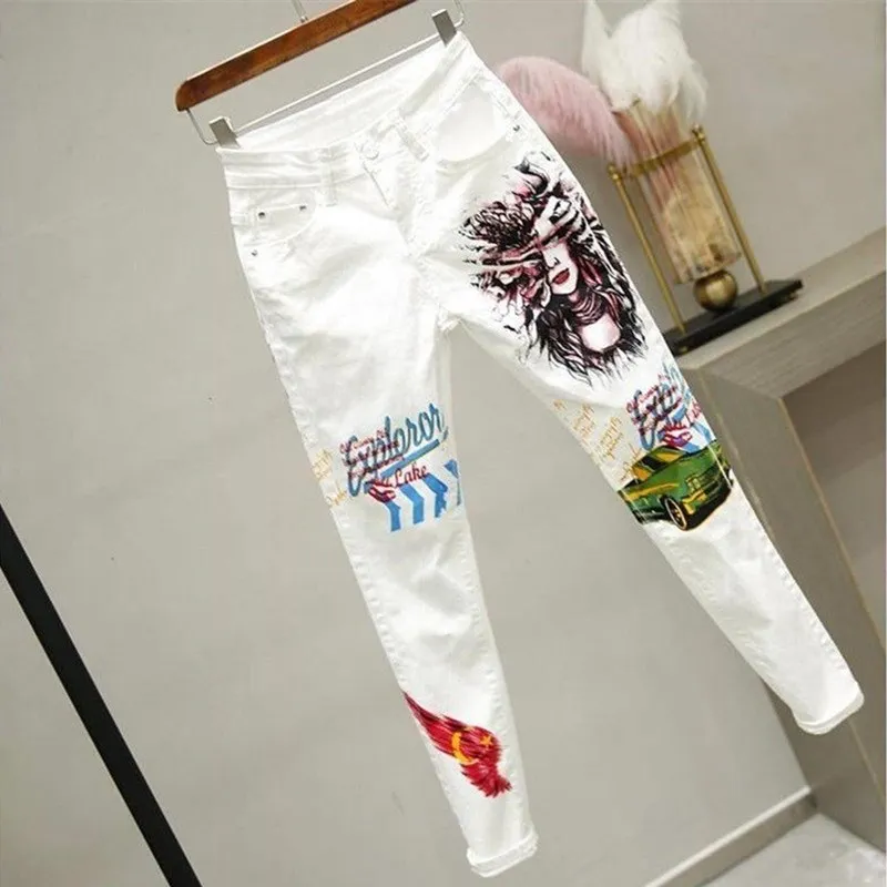 Корейские новые модные джинсовые штаны с мультяшным принтом, повседневные женские брюки, белые обтягивающие джинсы, джинсы-карандаш длиной до щиколотки