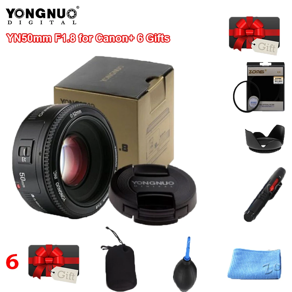 Объектив Yongnuo yn50mm 50mm 1 8 EF EOS YN50MM AF MF для камеры Canon T6 700D 750D 800D 5D Mark II IV 10D 1300D Бесплатный
