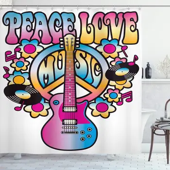 

Groovy Shower Curtain, Peace Love Music Text with Peace Guitar Records Flowers Musical Notes, Cloth Fabric Bathroom Decor Set