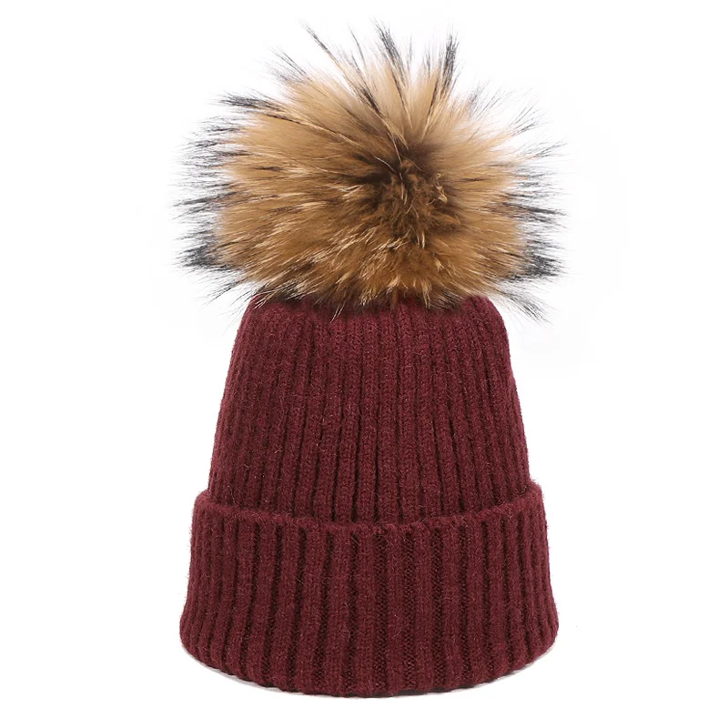 Children Real Fur Pompon Beanie Hat Winter Knit Colour Hat Boy Girl Outsoor Thick Warm Skullies Bone Kids Baby Soft Cute Beanies - Цвет: M