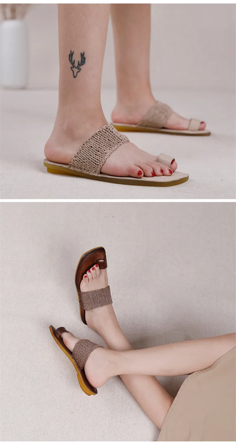 Original Summer 2020 New Clip Toe Flat Slippers Shoes Woman Vintage  Genuine Leather Slides Hand-Woven Ladies Flip Flops Sandals (4)