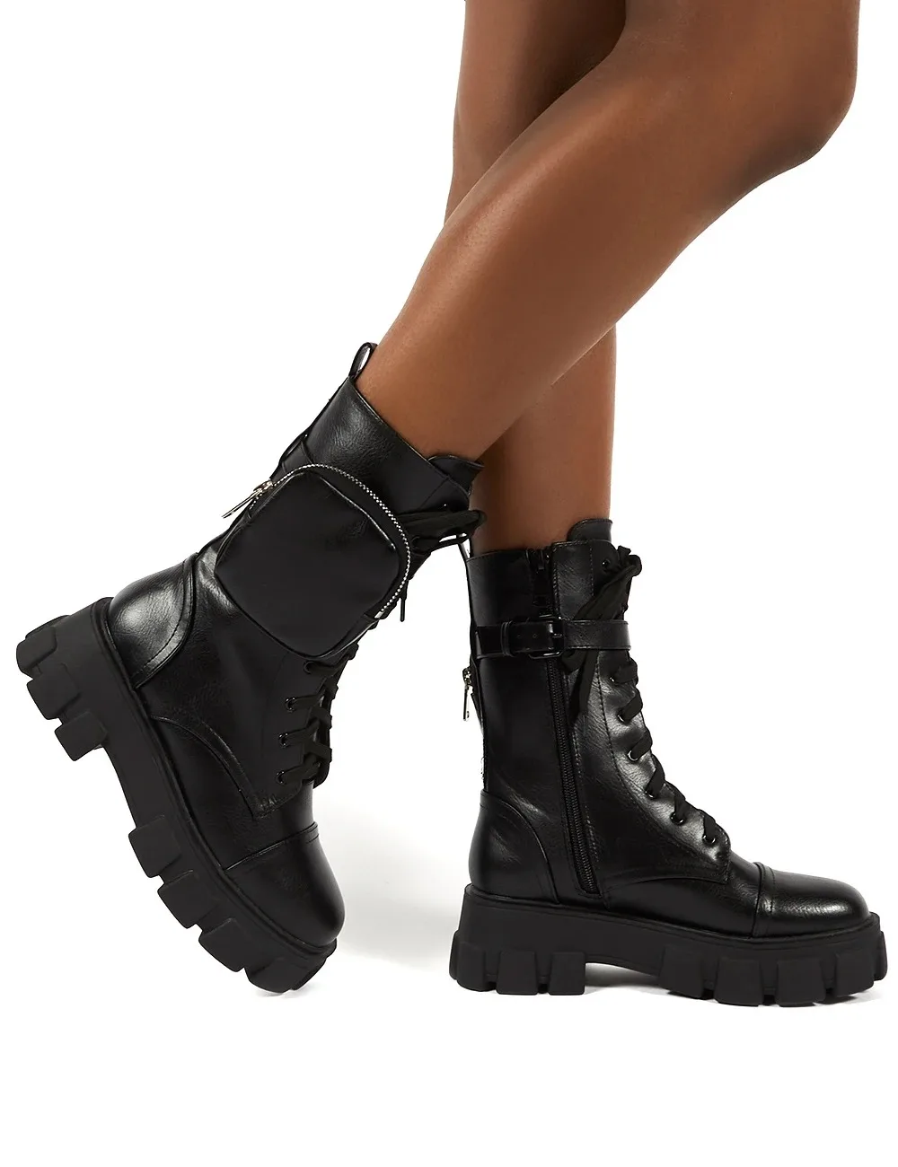 Botas de bolsillo con cordones para mujer, botas con correa con hebilla femenina, bolsa gruesa, zapato de plataforma a la moda