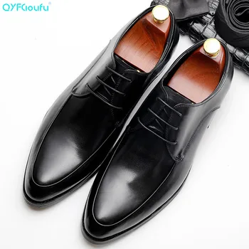 

QYFCIOUFU Luxury Mens Genuine Leather Shoes Luxury Brand Black Wine Red Men Party Wedding Dress Shoe Business Office Shoes