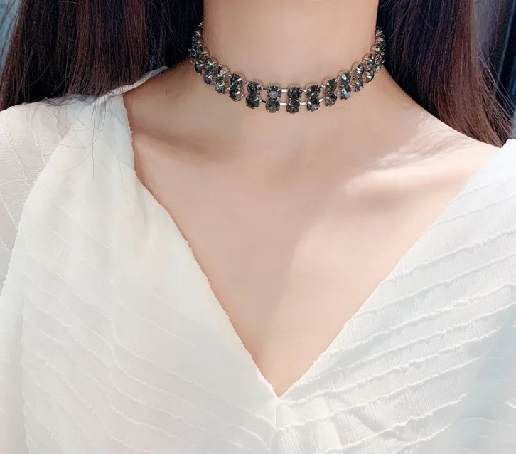 Модный двойной чокер, ожерелья для женщин, новинка, Bijoux, Зеленый Кристалл, цепочка, ожерелья, массивные ювелирные изделия, вечерние, подарки