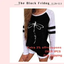 Harajuku женская футболка с принтом стрекозы, круглый вырез, длинный рукав, Повседневная футболка, уличная одежда