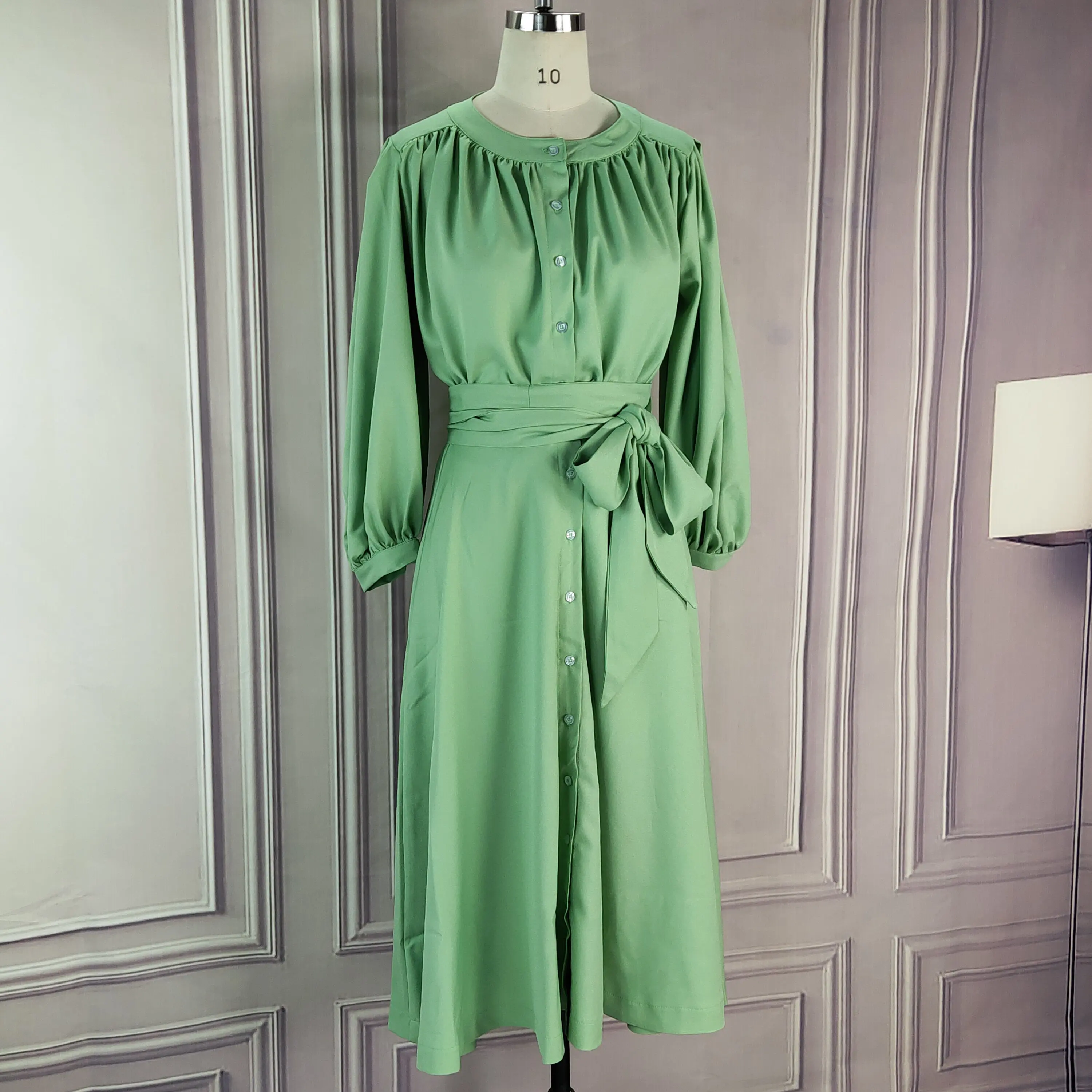 

Two Piece Suits Women Tops Blouse Shirt with Sashes Pleated Skirt Midi Women Button Up Green New Fashion Elegant Classy Clothes