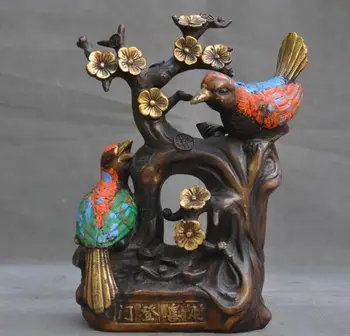 

old China bronze Cloisonne Feng shui auspicious Magpies Plum flower Text statue