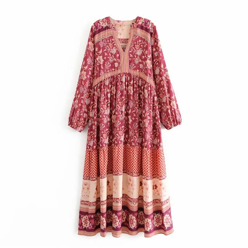 2020 Autumn Womens Maxi Dress Lantern Sleeve Cotton Boho Dress Floral Printing Runway Dress Chic Mujer Vestidos Daily Dresses