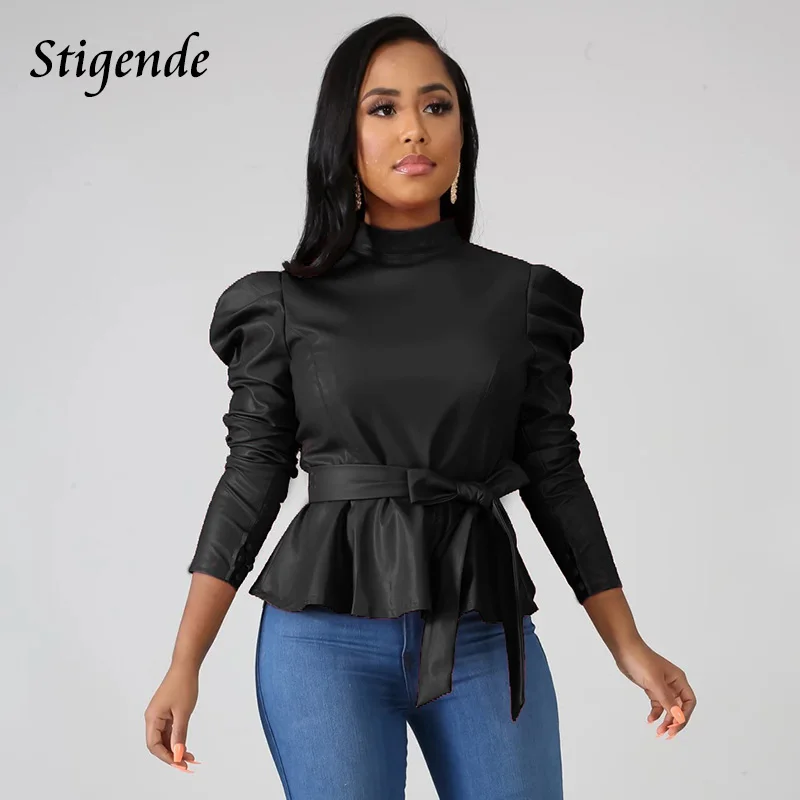  Stigende Women Long Sleeve Leather Pu Blouse Shirt Casual Solid Color Stand Neck Ruffle Shirts Autu