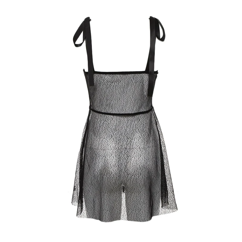 Summer New Strap V-neck Open Back Perspective Mesh Dress Black Sexy Dress Dropshipping