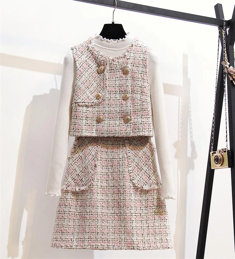 

2 Piece Sets Women Tracksuits Cropped Top + Mini Skirts Suits Double Breasted Plaid Tweed Woolen Autumn Winter Suit Woman Sets