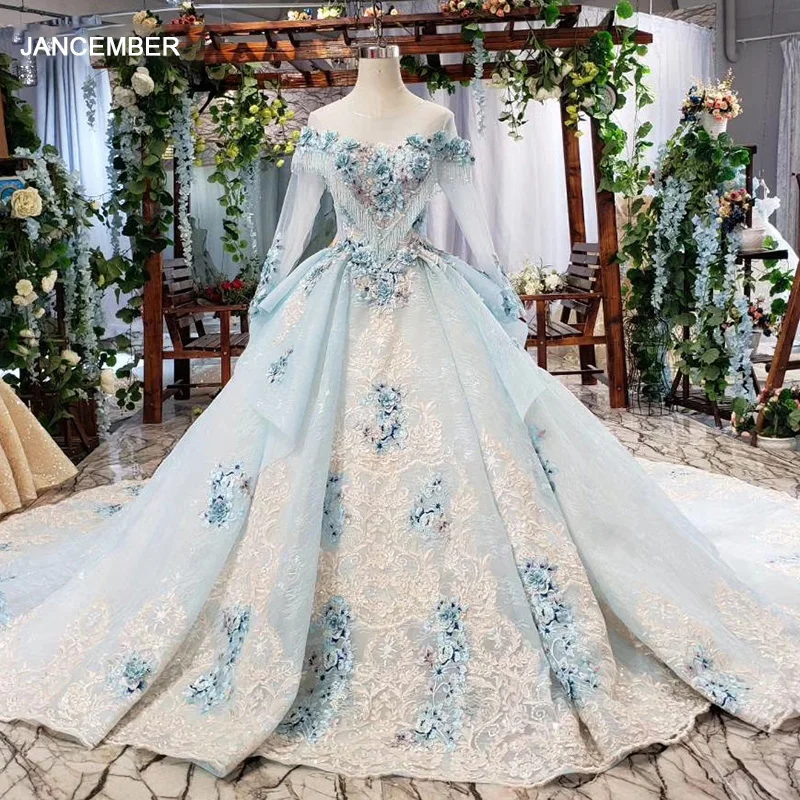 HTL750 elegant evening dress with blue appliques flowers o neck lace up ...