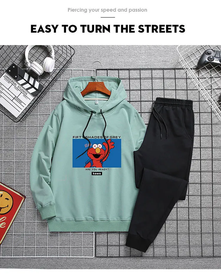 Мужские толстовки с капюшоном и принтом из мультфильмов, штаны, комплект из 2 предметов для тренажерного зала для бега, спортивные костюмы, повседневные спортивные костюмы для бега, спортивные штаны на осень