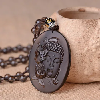 

Natural Obsidian Guanyin meditation Pendant Necklace Charm Jewellery Fashion Accessories Hand-Carved Amulet Man Luck Gifts