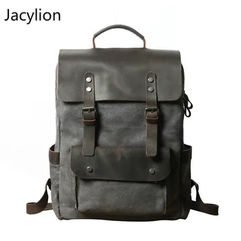 

Retro canvas backpack neutral college style bag cotton canvas bag with Crazy Horse leather outdoor backpack mountaineering bag