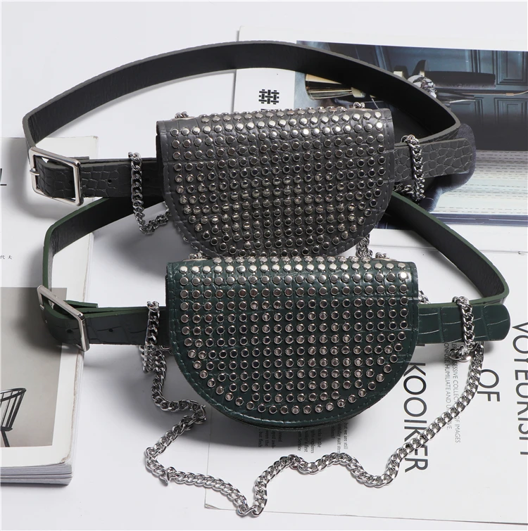 Новая модная весенняя трендовая дизайнерская поясная сумка для женщин, Повседневная однотонная сумка с заклепками и цепочкой, съемный ремень через плечо, женская сумка ZK157