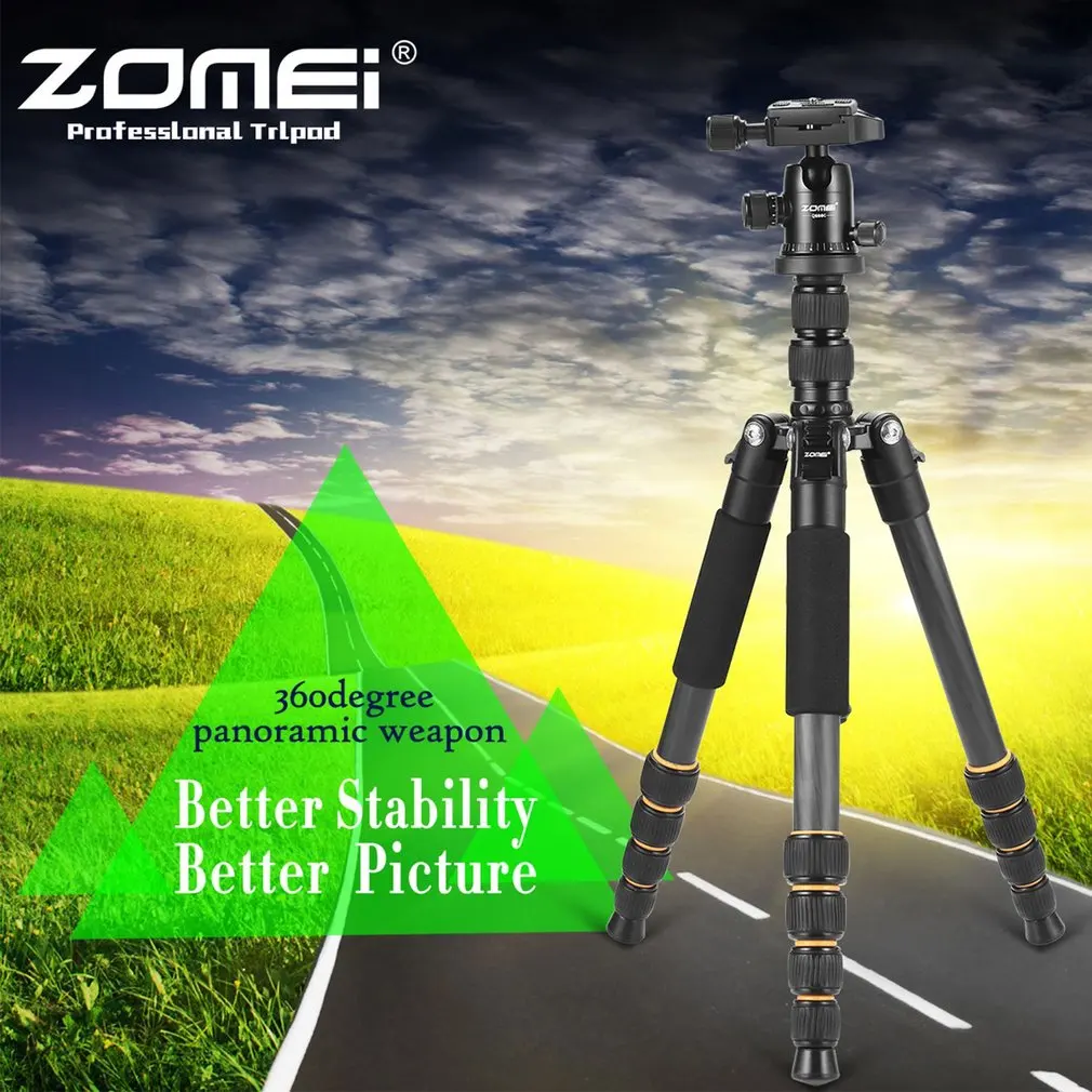 Professional ZOMEI Q666C Tripod Portable Travel Carbon Fiber Tripod Monopod Plastic Ball Head For DSLR SLR Digital Camera