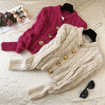 

Jumper Acrylic Casual Full Feminino Real Sweater Women 2019 New Female Solid Metal Single-breasted Long-sleeved Knit Rose Woman