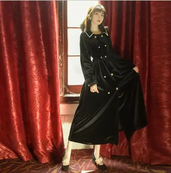 

2019 Autumn Winter Vintage Black Midi Dress Double Breasted Hepburn Long Dress Robe Femme Vestidos