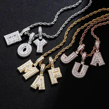 A-Z Ladder Square Alphabet Ice Cubic Zirconia Alphabet Pendant Necklace Hip Hop Jewelry For Gift Rope Chain Women Men