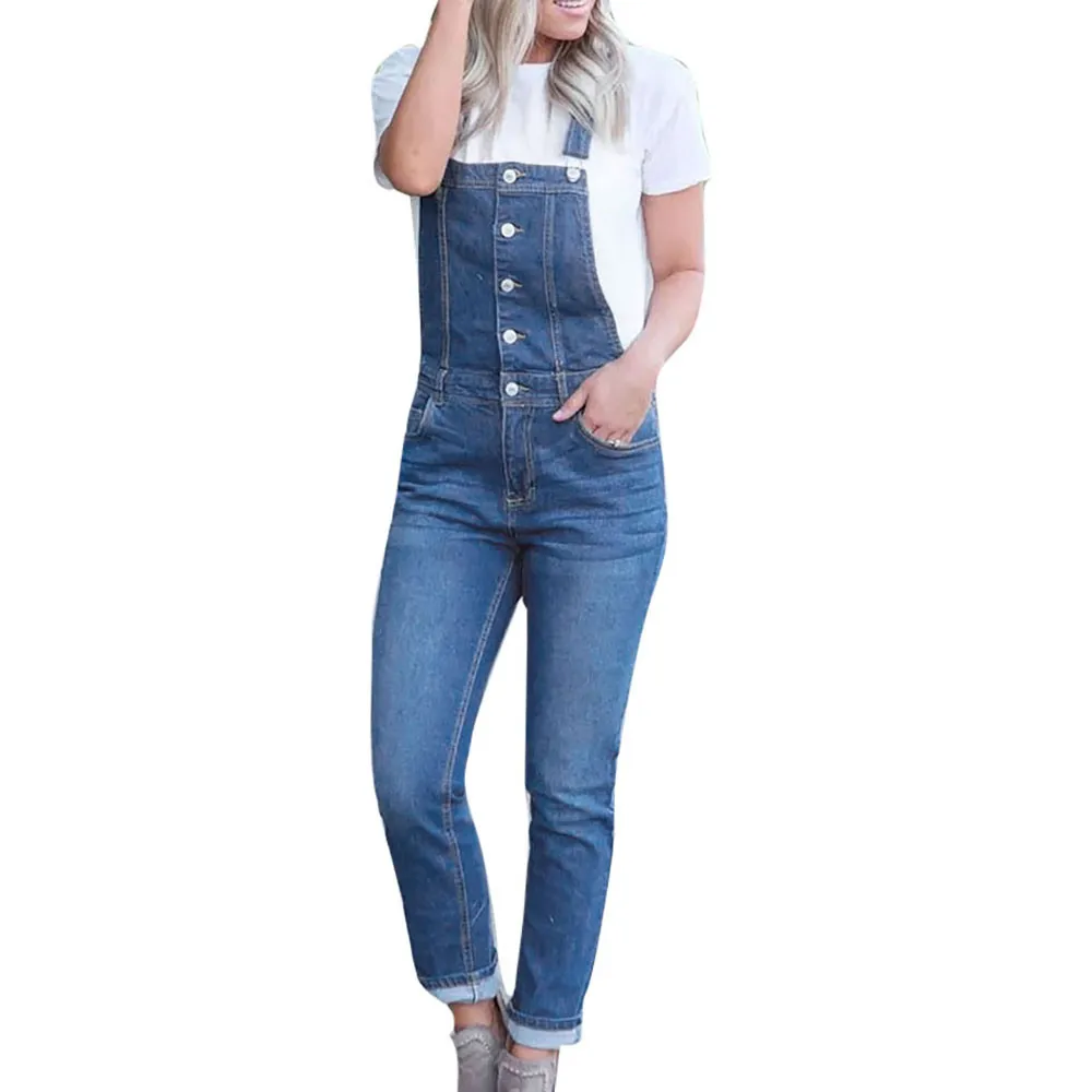 Women Casual Denim Bib Slim Pants 