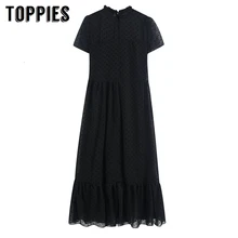 Черное Сетчатое платье в горошек летнее длинное женское платье с коротким рукавом и оборками по краю корейская мода