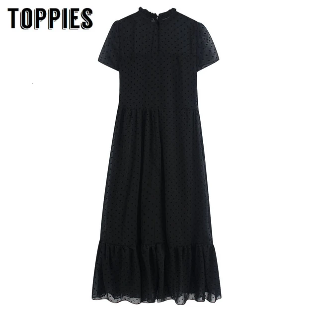 US $15.16 Black Polka Dot Mesh Dress 2020 Summer Long Dress Women Short Sleeve Spliced Ruffles Hem Korean Fas