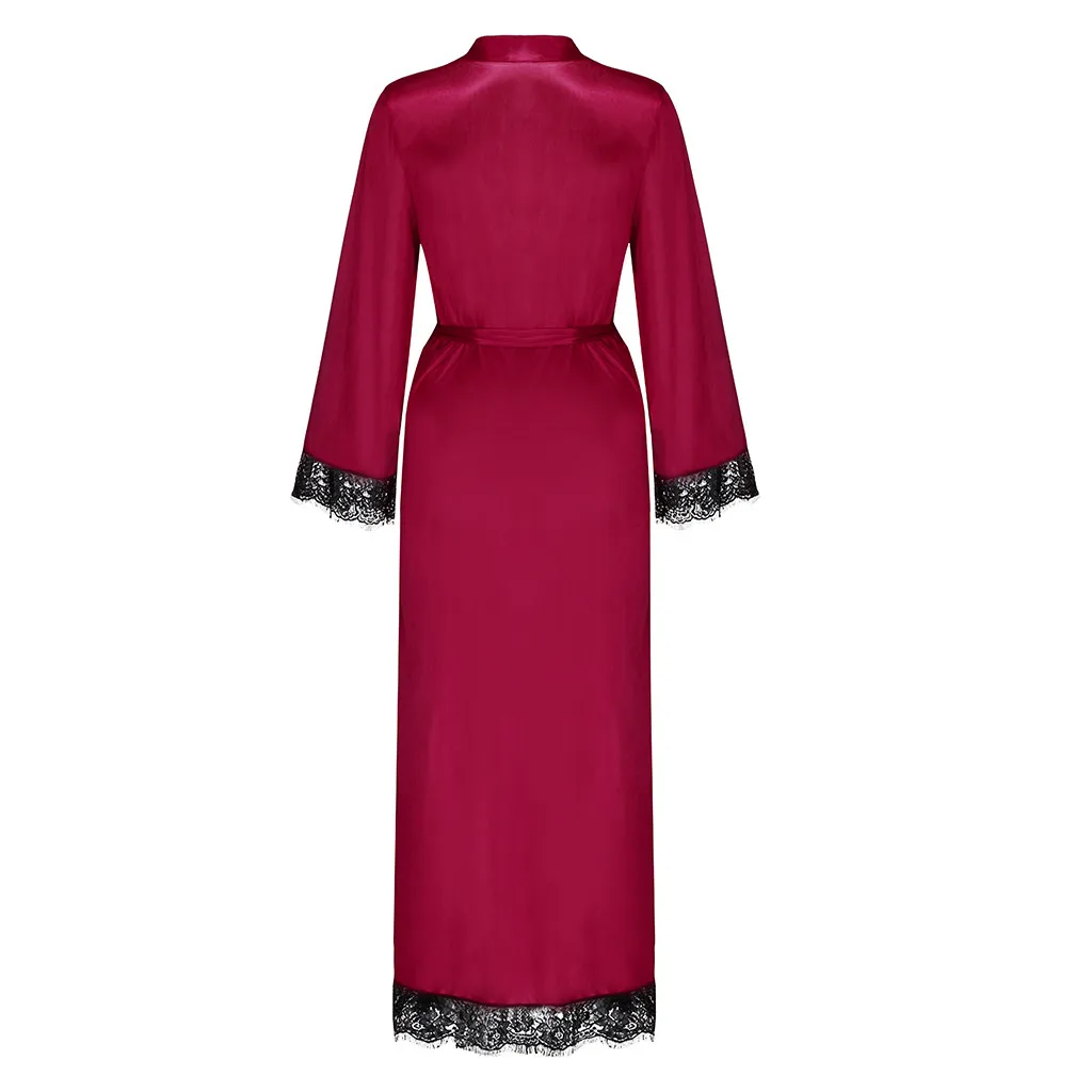 Women Sexy Long Silk Dressing Lace Lingerie Underwear Dress Bath Robe Lace Lingerie Wine Red Nightdress Hot Ladies Nightgown2019