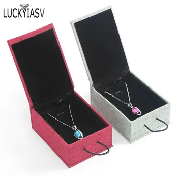 

Wholesales 20pcs/lot Retro Linen Pendant Box Rectangular Flax Calligraphy Earring Pendant Storage Gift Box For Necklace Display