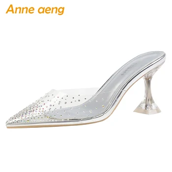 

2020 New Summer Outside Women Slippers High Thin Heel Pointed Toe Crystal Sexy Ladies Women Shoes Silver Female Mules Slides