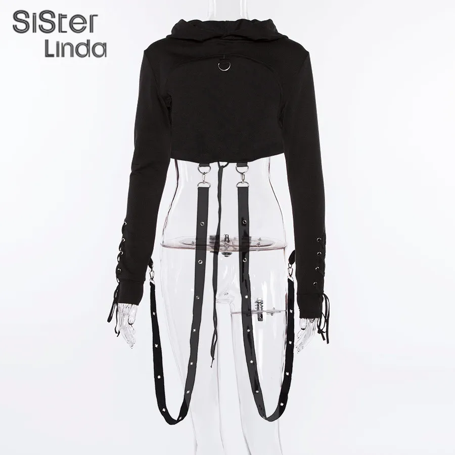 Sisterlinda/осенне-зимняя Толстовка Женская повязка с лентами, пуловеры, толстовки, укороченные с длинным рукавом, топ, спортивный костюм с капюшоном