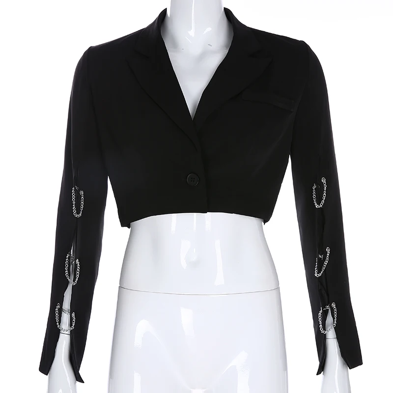 Very best  Darlingaga Fashion Autumn Black Cropped Basic Jacket Women Coat Streetwear Chain Open Sleeve Cardig