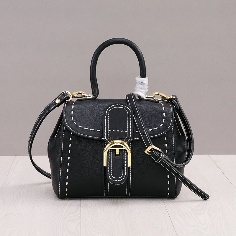 Высокое качество воловья кожа натуральная кожа женские сумки на плечо винтажная дамская сумочка Классический стиль сумка с верхней ручкой - Цвет: Черный