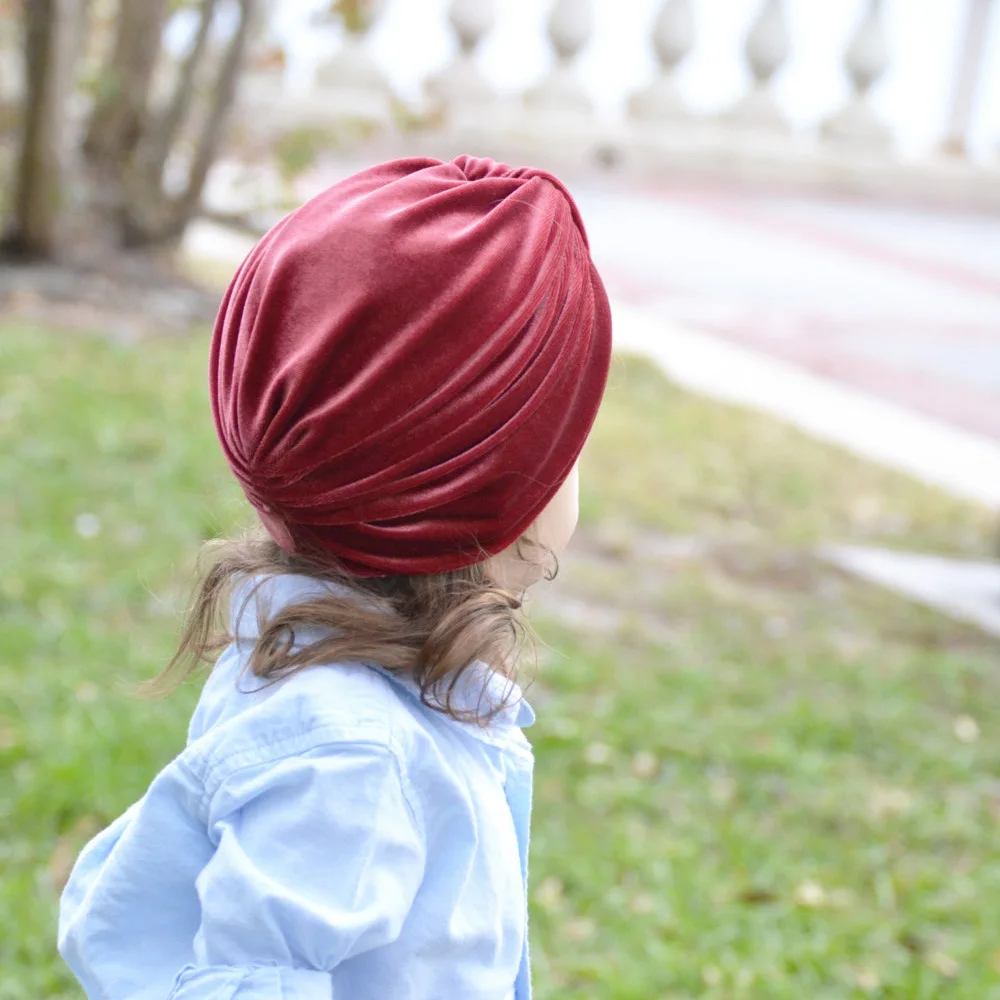 Детская зимняя шапка-тюрбан, детская теплая бархатная индийская Шапка-бини, повязка на голову, одноцветная Детская повязка на голову, аксессуары для девочек