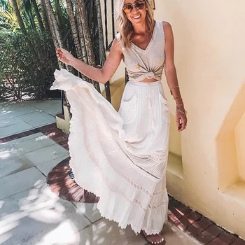 

GypsyLady White Cotton Boho Skirt Summer Lace Maxi Skirts Ruffles Tiered Elastic Waist Women Holiday Beach Gypsy Long Skirt