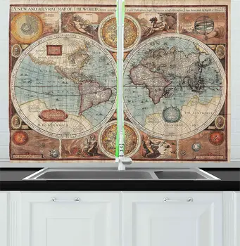 

Blue Redwood Vintage Kitchen Curtains Old Detailed World Map Geography Theme Historic Grunge for Kitchen Cafe Decor