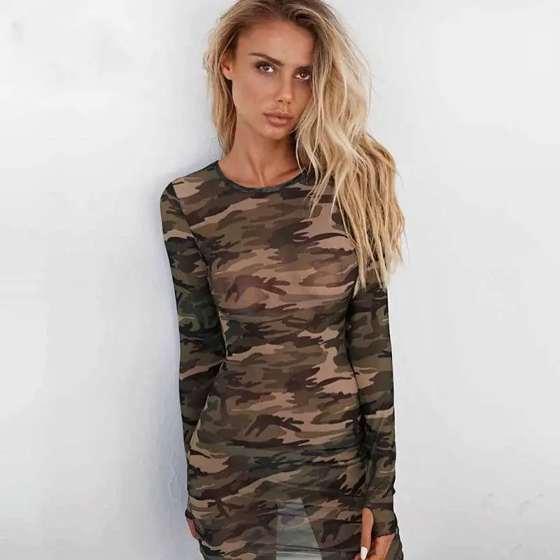 

2023 Sexy Woman Dress Summer Camo Print Bodycon Dresses For Women Long Sleeve Mesh Sheer Pencil Mini Dress Ladies Robe Vestido