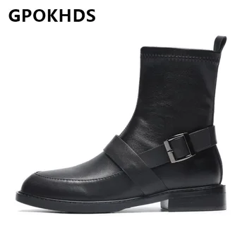 

GPOKHDS 2021 women Ankle boots Cow leather Winter short plush Round Toe Buckle Strap Low heels female boots size 40